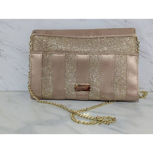 Nine West Women's Gold Metallic Striped Rectangular Gold Chain Shoulder Bag NWT - Picture 2 of 6